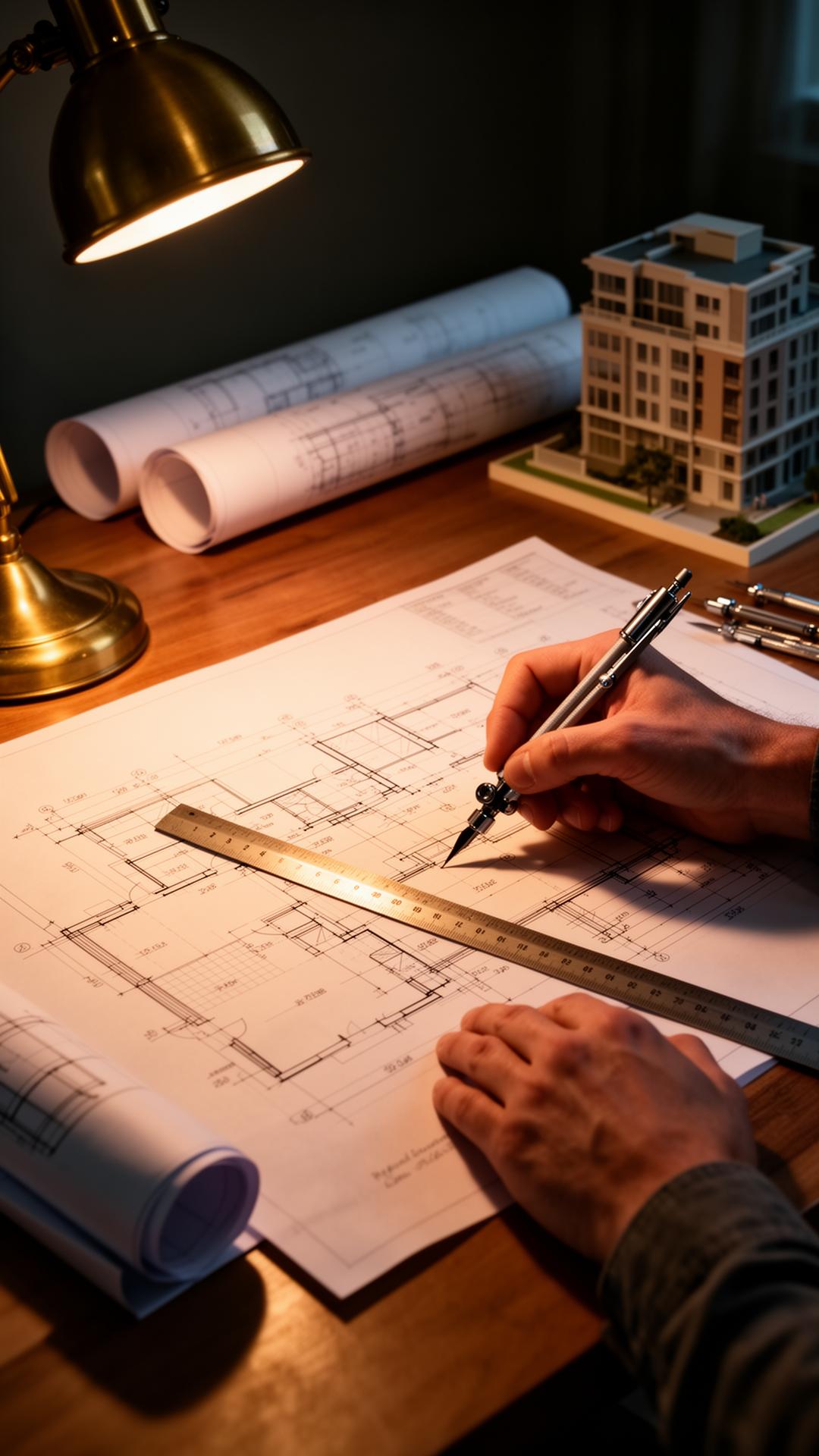 Architect drafting blueprints in studio