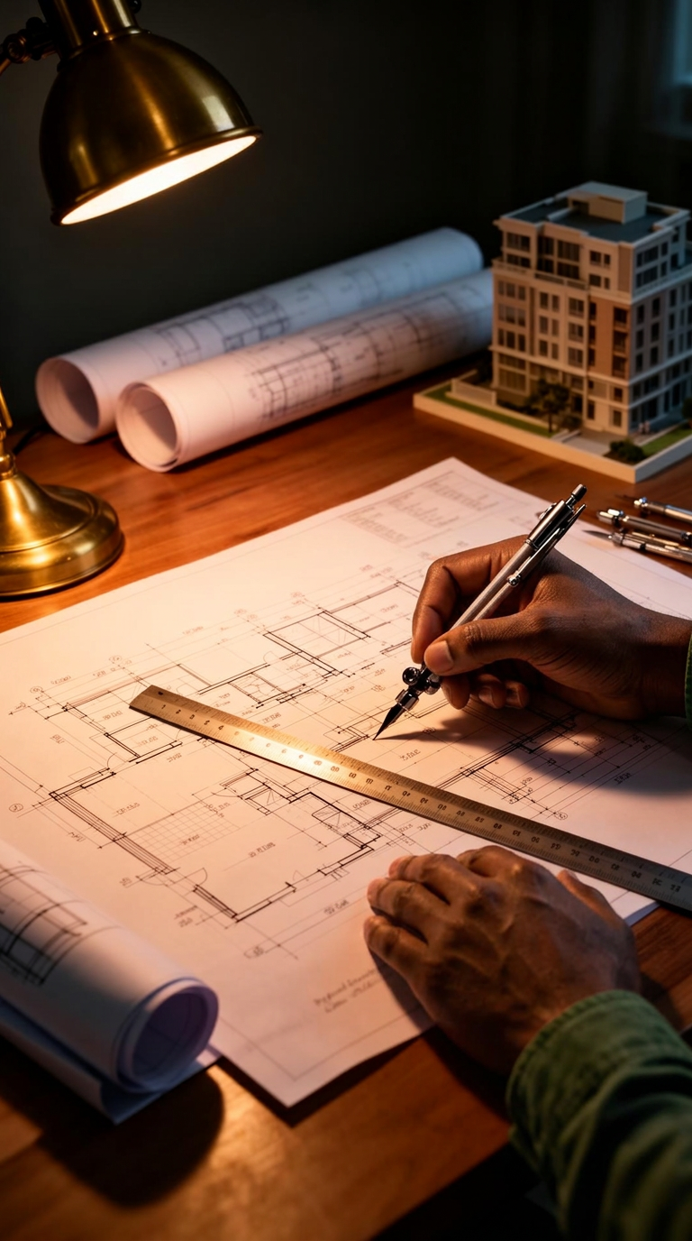 Architect drafting blueprints in studio